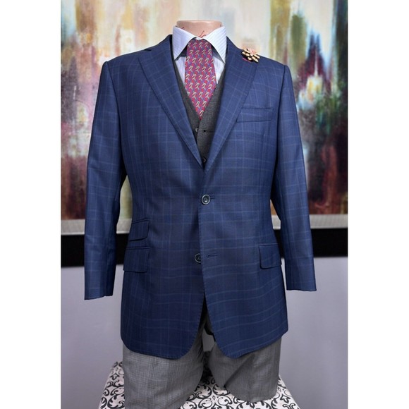38S NWOT J Hilburn Canonico Custom Blue Plaid Sport - Suit Jacket Blazer Mens